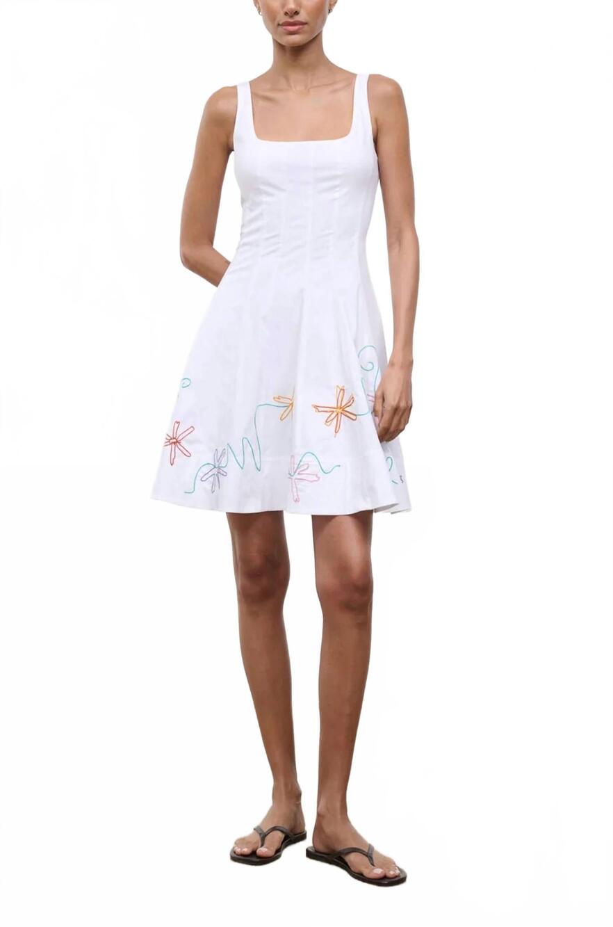 NEW STAUD wells mini dress in white multi embroidery